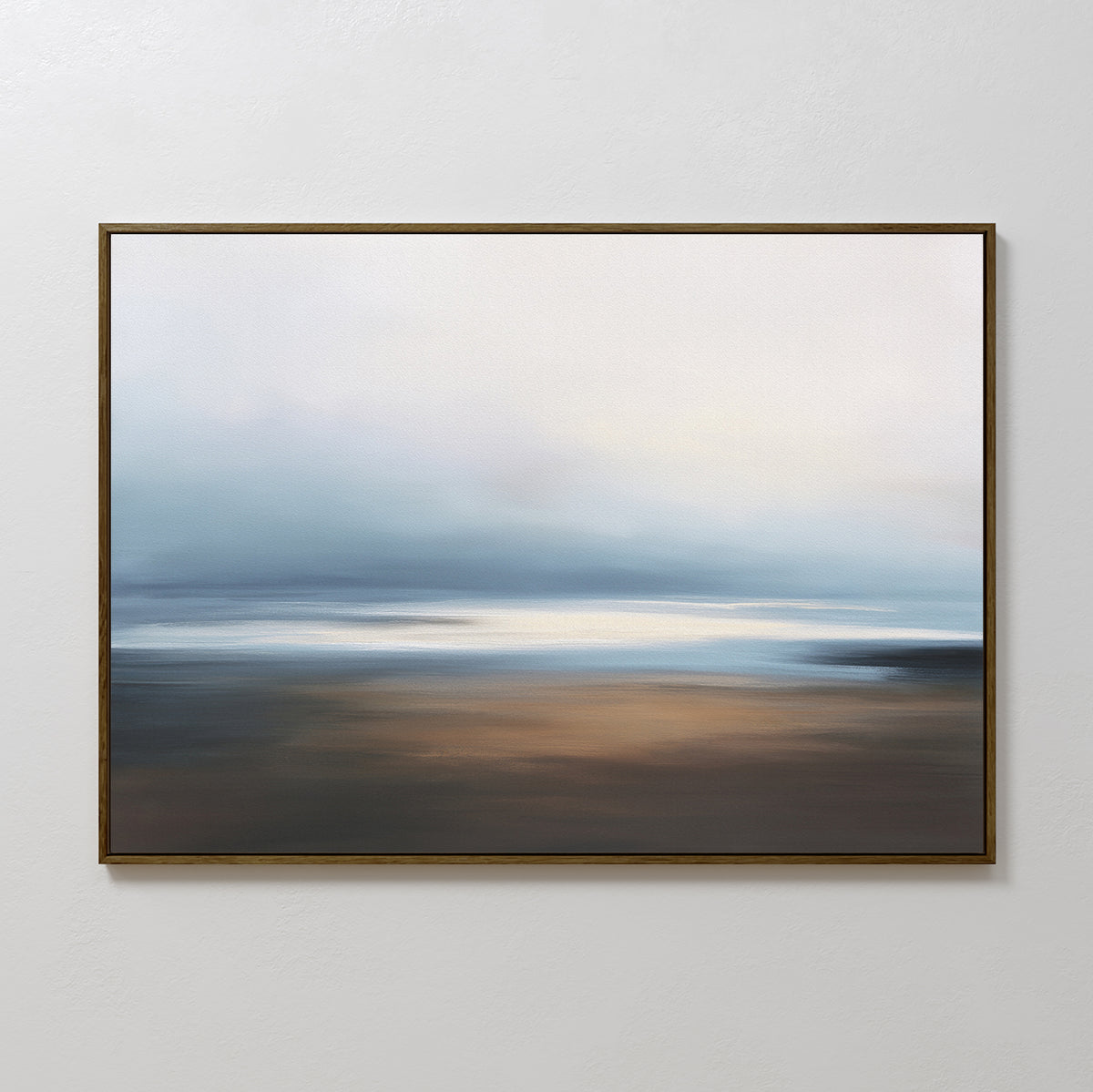 The Blurred Seascape Canvas Art - Horizontal features soft, blurred bands of blue, white, and brown—an exquisite abstract wall art piece that evokes coastal serenity and a dreamy, clouded sky.