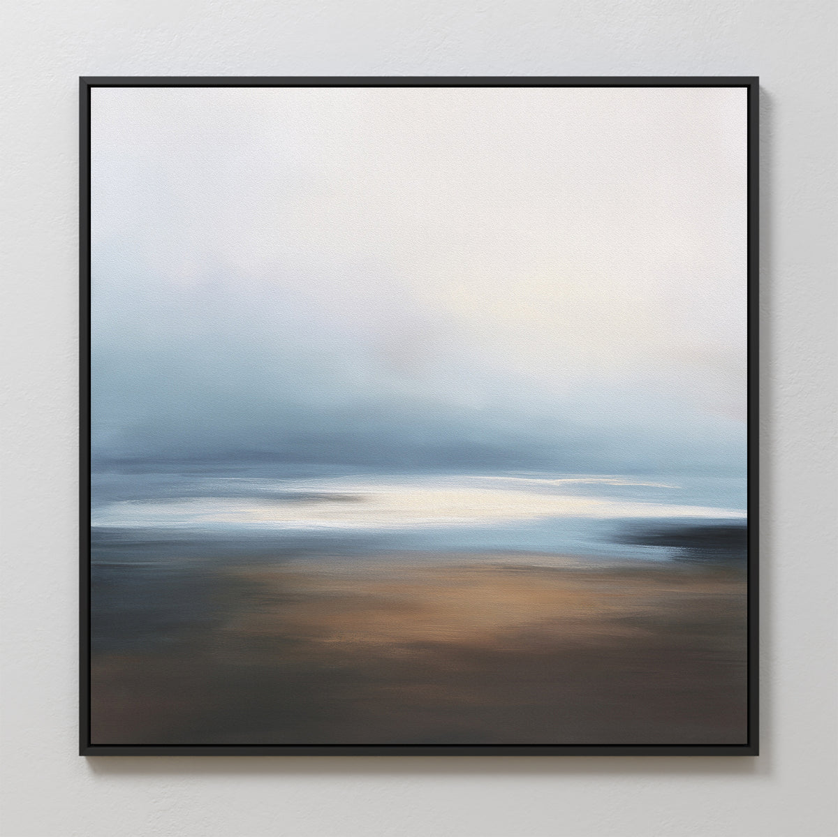 The Blurred Seascape Canvas Art - Square features soft blue, white, and brown tones in a serene abstract design, creating peaceful coastal wall art with a misty sky and tranquil horizon.