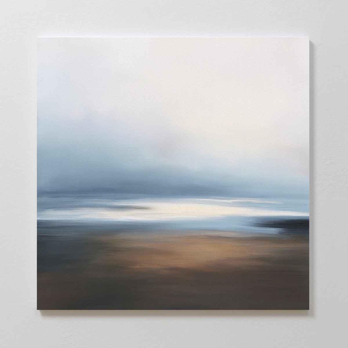 Blurred Seascape Canvas Art - Square features soft blends of blue, white, and brown, evoking a misty landscape with a calm mood and subtle horizon light for serene wall decor.