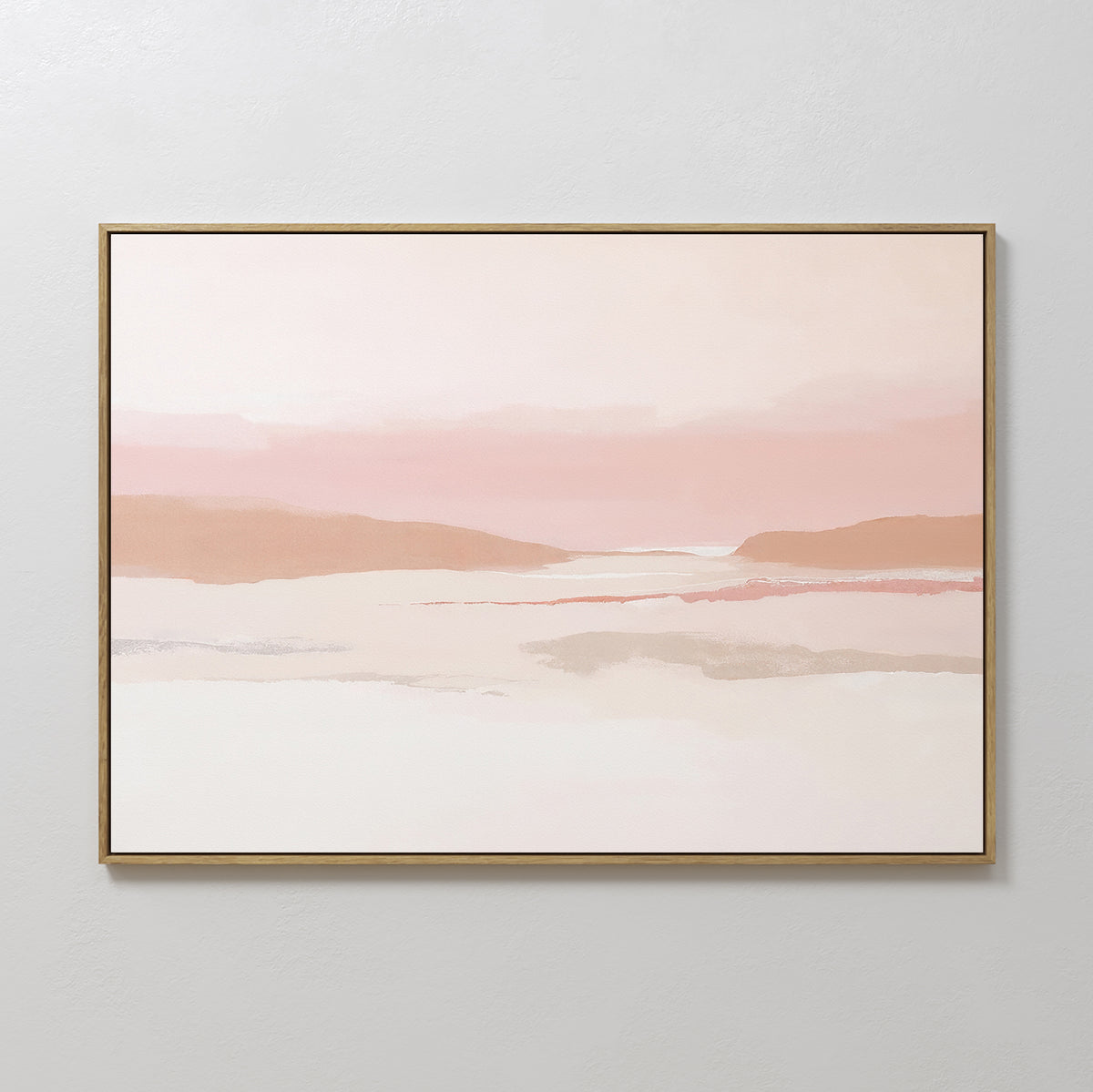 The Blush Mesa Canvas Art - Horizontal features soft pastel hues of pink, peach, and beige in a minimalist abstract landscape, making it ideal for earth-toned decor.