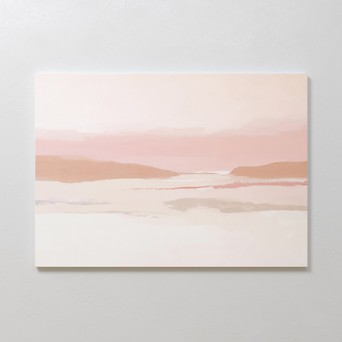 Blush Mesa Canvas Art - Horizontal features minimalist pastel pink, beige, and white abstract hills with a tranquil lake under a hazy sky—perfect for serene earth tone decor on any light-colored wall.