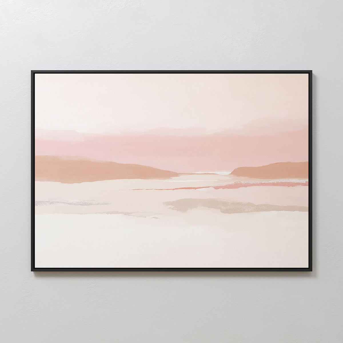 Blush Mesa Canvas Art - Horizontal features a framed serene landscape in muted pinks, beige, and white, with distant hills and a tranquil lake under a hazy sky—ideal minimalist wall art for earth tone decor.