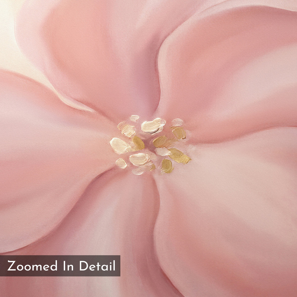 A close-up of delicate pink petals and a light yellow center highlights the elegance of the Blushing Magnolia Canvas Art - Horizontal. "Zoomed In Detail" is displayed in the bottom left corner.