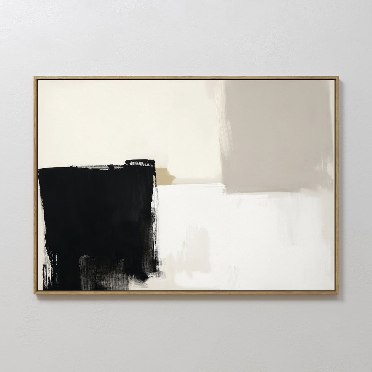 Bold Division Canvas Art - Horizontal features bold black brushstrokes on the left, beige and light gray blocks on the right, with a white background—perfect for adding contemporary style to modern living rooms when hung on light-colored walls.