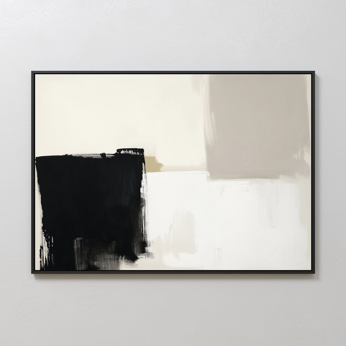 Bold Division Canvas Art - Horizontal features large blocks of black, white, beige, and cream with bold textured strokes. This minimalist print comes in a thin black frame—ideal for modern living rooms.