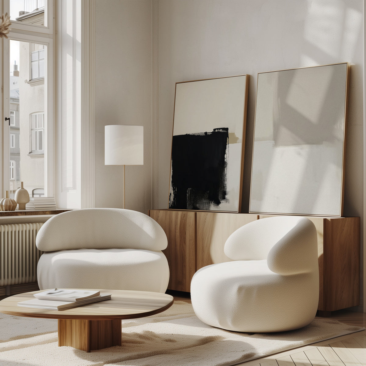 A modern living room features the Bold Division - Set Of 2 curved white armchairs, a low wooden coffee table, floor lamp, and contemporary print on a sideboard. Large windows fill this minimalist space with natural light.