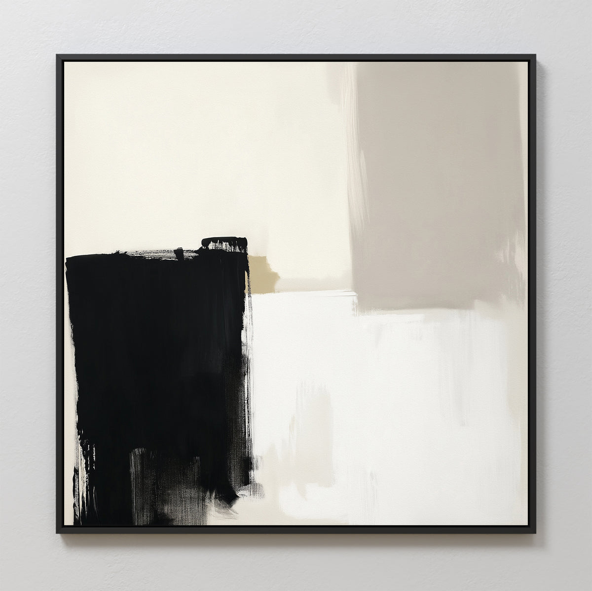 The Bold Division Canvas Art - Square features bold black and beige blocks, blended white and gray areas, and geometric shapes in a thin black frame—a minimalist abstract print ideal for modern living rooms with pale walls.