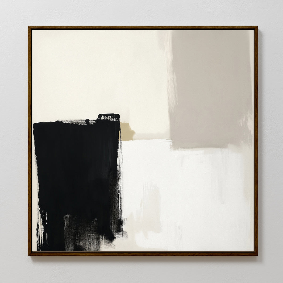 Bold Division Canvas Art - Square: An abstract print in a slim brown frame with bold black shapes on the lower left, beige and taupe on the upper right, and white strokes—perfect for adding contemporary style to modern living rooms.