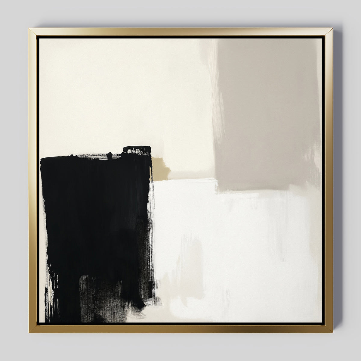 The Bold Division Canvas Art - Square features large black and beige brushstrokes on a white background with a thin gold frame. Its minimalist geometric design adds bold contrast and modern style, ideal for contemporary living rooms.