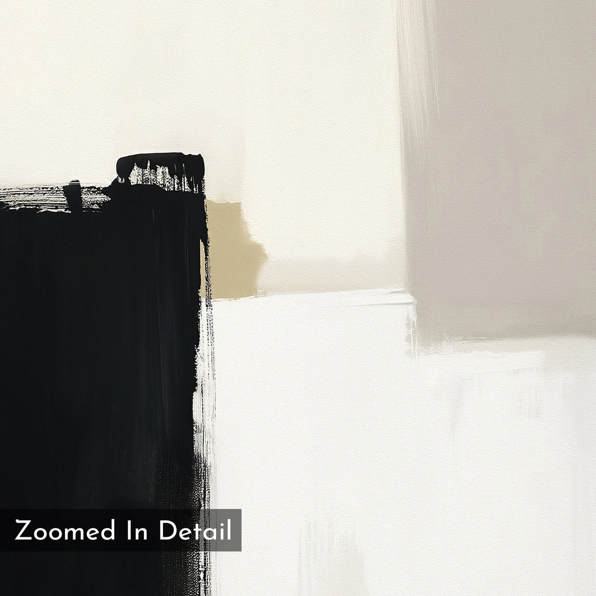 Bold Division Canvas Art - Vertical features bold black brushstrokes on the left, beige and light gray on the right, and a white center. Perfect for minimalist bedrooms or modern living rooms. "Zoomed In Detail" is written in the lower left.