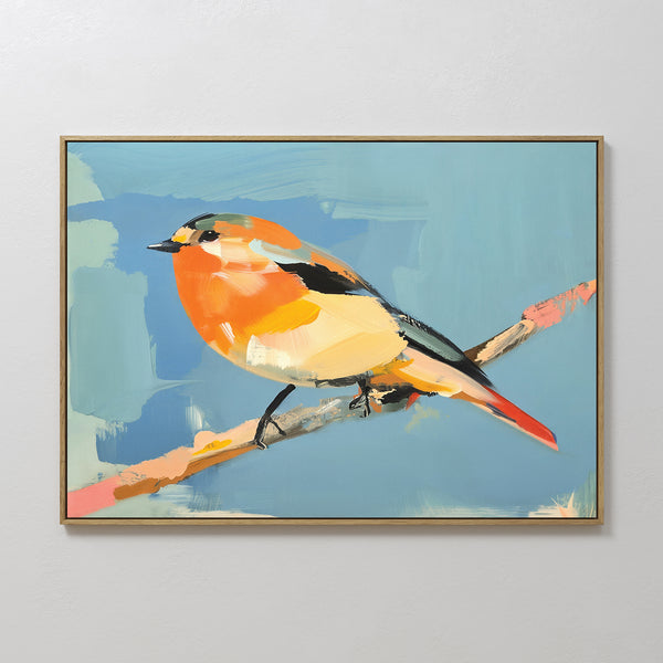 Add a burst of color to your space with the Bright Songbird Canvas Art - Horizontal, featuring vibrant orange, yellow, and black plumage perched on a branch against a blue abstract backdrop in a slim gold frame.