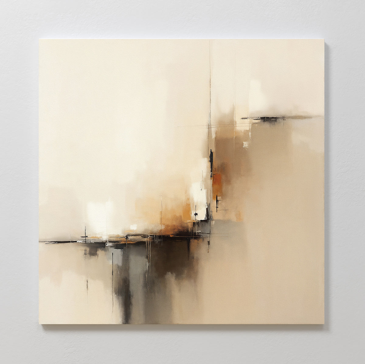 Burnt Sienna Convergence Canvas Art - Square features soft beige, cream, and brown tones with blended areas and sharp lines—perfect modern wall art for a light Nordic Park-inspired space.