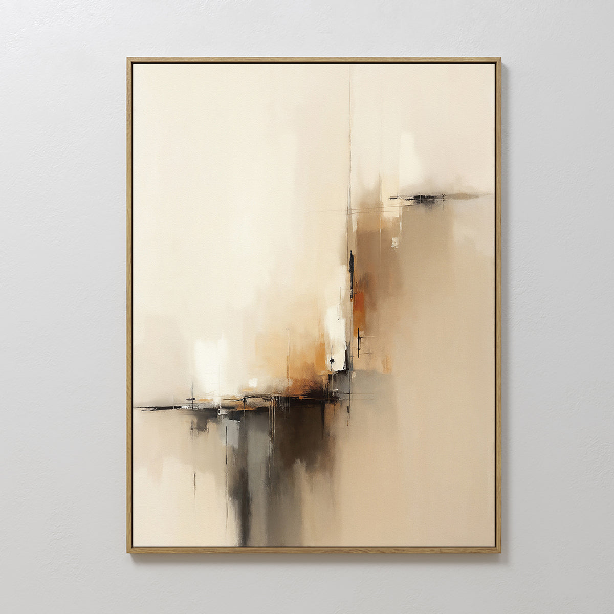 The Burnt Sienna Convergence Canvas Art - Vertical showcases abstract beige, cream, brown, black, and orange tones with blurred lines and shapes, adding modern elegance and depth to any light-colored space.