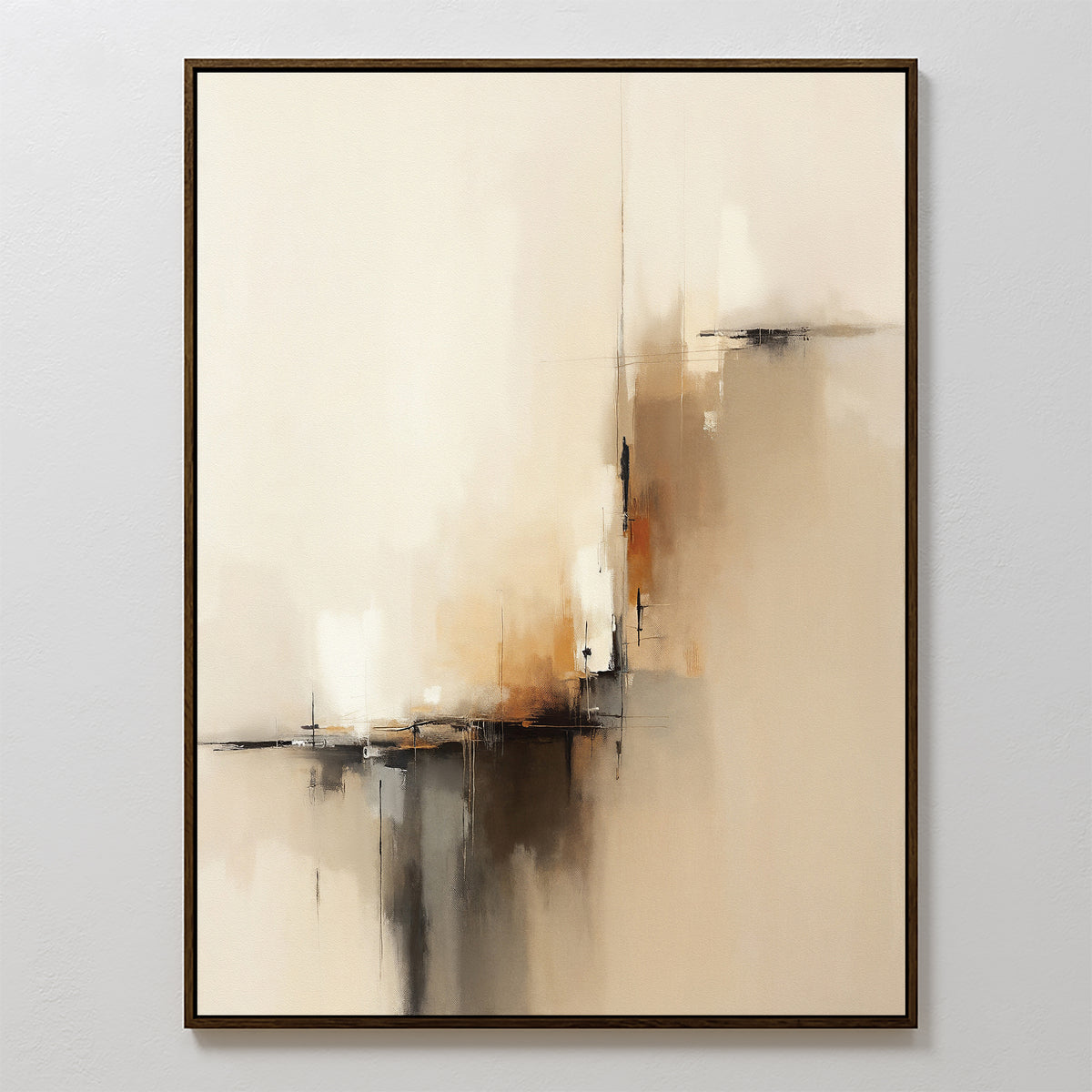 Burnt Sienna Convergence Canvas Art - Vertical features blended beige, cream, and brown tones with intersecting dark lines and muted orange accents, framed with a slim dark border—an elegant modern abstract print ideal for any space.