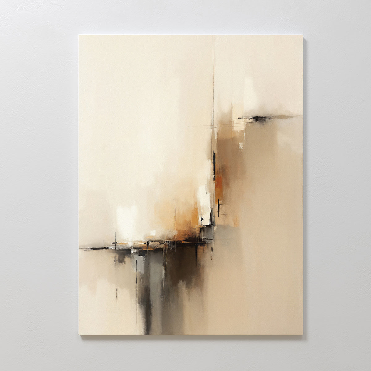 Burnt Sienna Convergence Canvas Art - Vertical features soft beige, cream, and tan tones with black, brown, and orange accents. Intersecting lines add modern elegance to this minimalist contemporary abstract wall art.