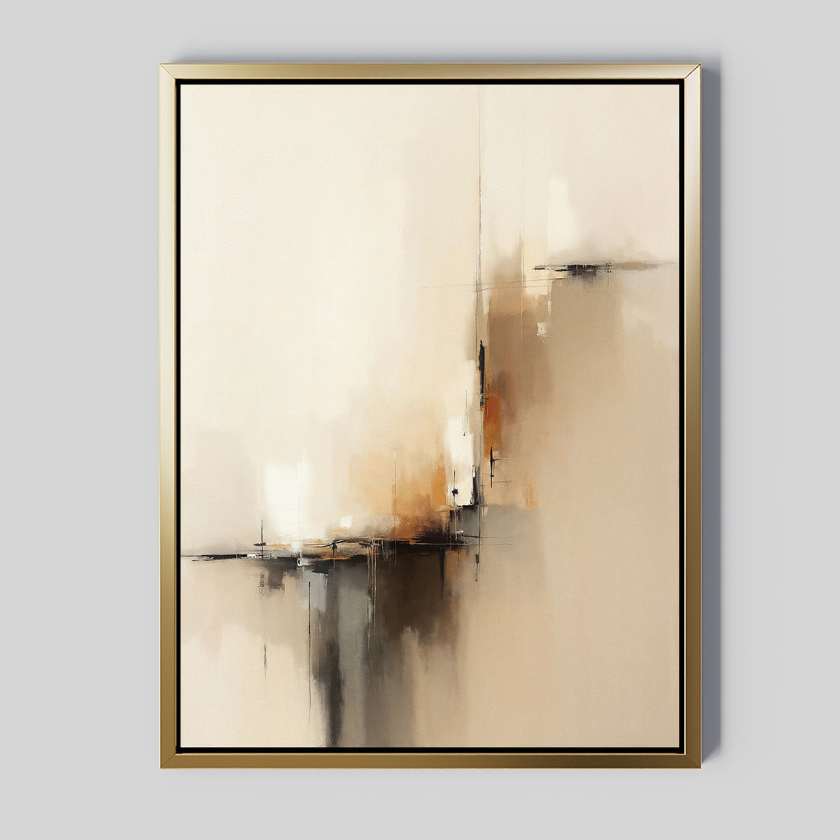 The Burnt Sienna Convergence Canvas Art - Vertical features an abstract blend of beige, cream, brown, and black with soft transitions and sharp lines. Presented in a gold frame, it adds modern elegance to any light gray backdrop.