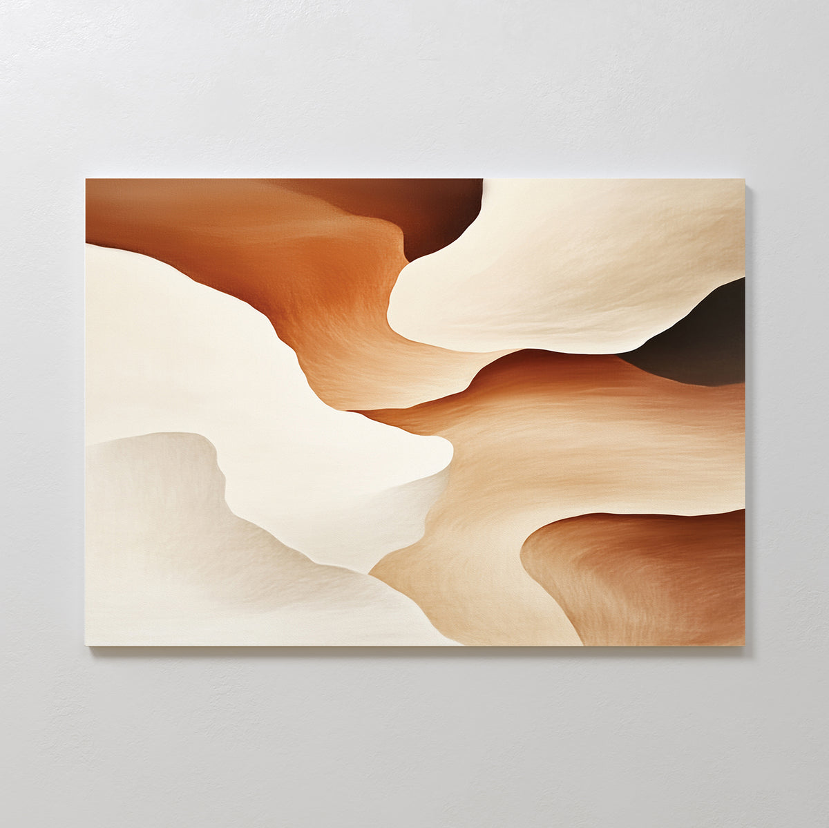 The Canyon Curves Canvas Art - Horizontal features flowing, layered shapes in beige, cream, tan, and brown—perfect contemporary wall art to elevate a modern living room against a plain white wall.