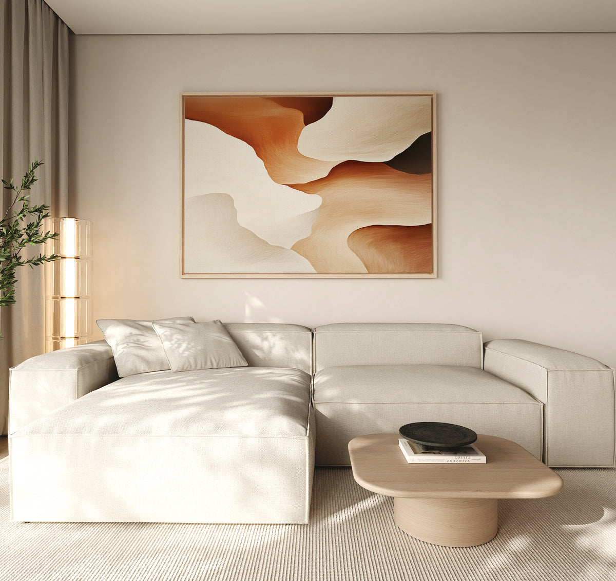 A modern living room featuring a light beige sectional sofa, low wooden coffee table with a black bowl, tall plant, and the Canyon Curves Canvas Art - Horizontal in warm earth tones on a neutral-colored wall.
