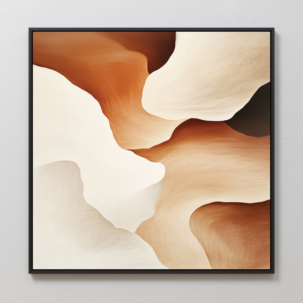 The Canyon Curves Canvas Art - Square showcases flowing, layered shapes in warm cream, beige, tan, and brown tones. Framed in black, this modern wall art adds depth and organic style to any light-colored wall.