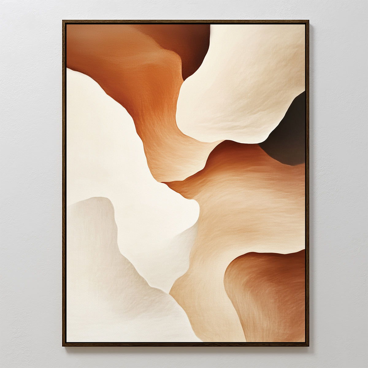 Canyon Curves Canvas Art - Vertical features smooth, flowing shapes in warm earth tones like brown, tan, beige, and cream. Softly blended canyon-inspired forms create depth and movement—ideal wall art for modern living rooms.
