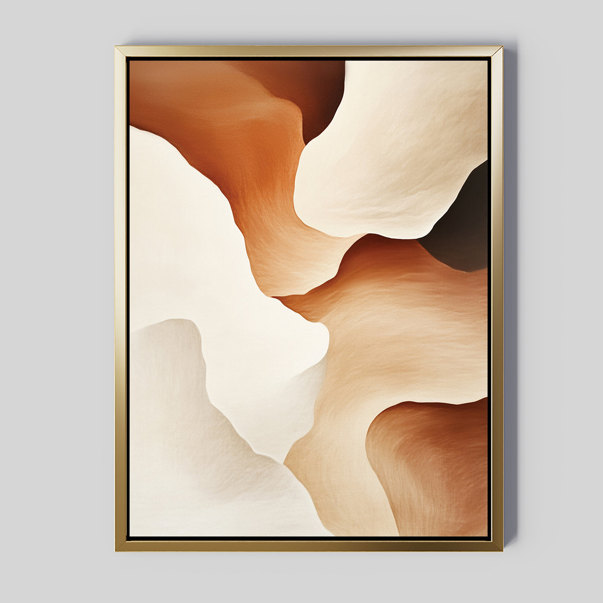 Canyon Curves Canvas Art - Vertical features flowing organic shapes in warm beige, cream, brown, and tan tones within a gold frame—ideal for modern living rooms seeking harmonious, abstract wall art.