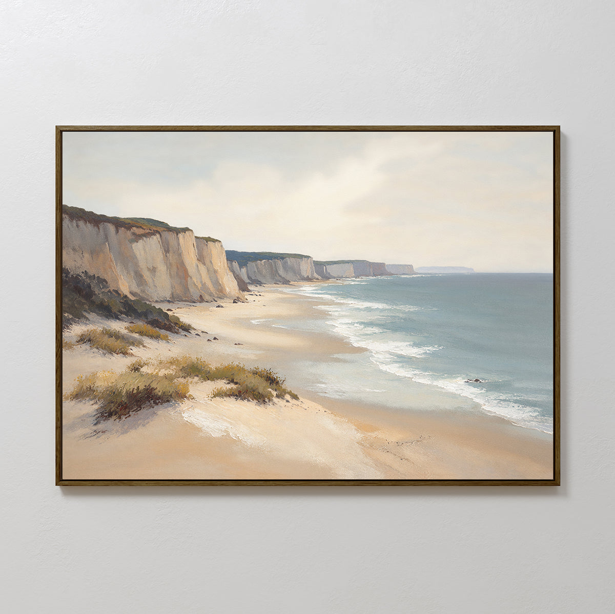 The Chalk Shores Canvas Art - Horizontal features a sandy beach, grassy dunes, and white cliffs under a hazy sky, making it the perfect serene seaside decor for any light-colored wall.