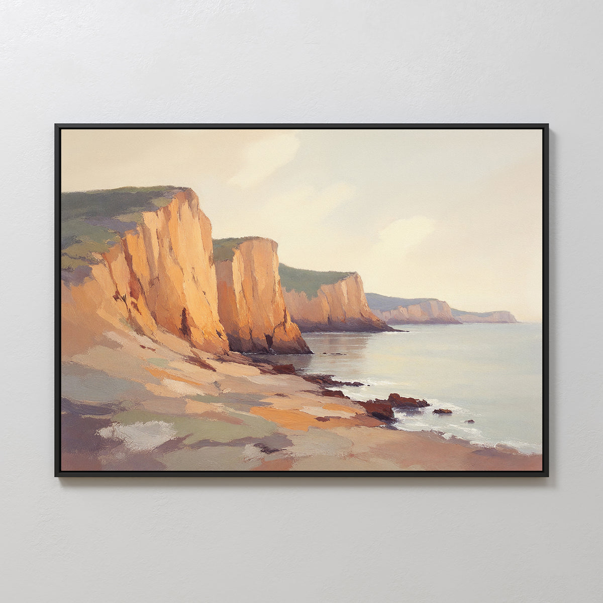 The Coastal Grandeur Canvas Art - Horizontal features warm orange and beige cliffs above a tranquil sea beneath a pale sky. Sunlit highlights create a serene, peaceful scene—ideal seaside wall decor for any space.