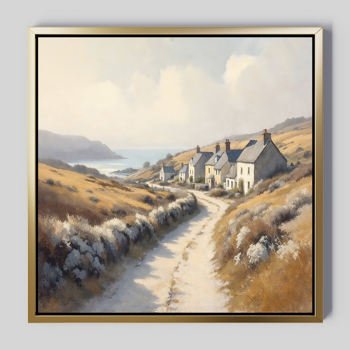 The Coastal Haven Canvas Art - Square features a rural landscape with a winding dirt road, cottages, golden fields, hills, and a distant sea beneath a cloudy sky—ideal rustic wall art to enhance your home décor.