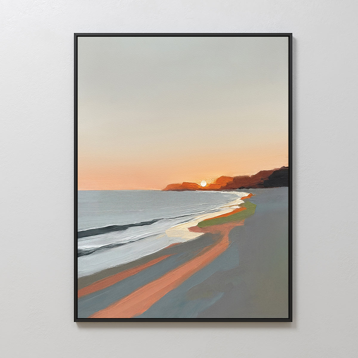 The Coastal Reverie Canvas Art - Vertical features gentle waves, a glowing orange sunset, soft pastels, and distant cliffs. Warm reflections create tranquil home decor that brings coastal charm to any space. Perfect for calm, stylish interiors.