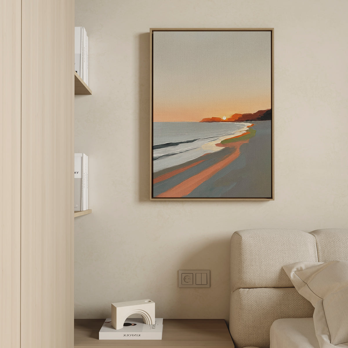 The Coastal Reverie Canvas Art - Vertical hangs on a beige wall above a light sofa, its orange and blue hues bringing calm. Nearby shelves with books and a white geometric decor piece complete the tranquil home vibe.