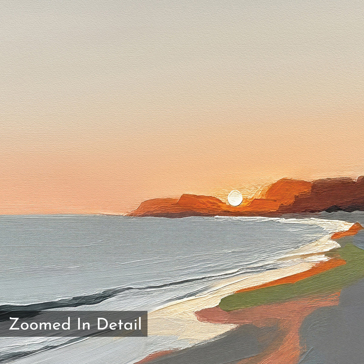 A stunning "Coastal Reverie Canvas Art - Vertical" features a digital painting of a sunset over orange-red cliffs and gentle waves, with soft pastel skies—ideal beach wall art for calming home decor. Zoomed In Detail shown at bottom left.