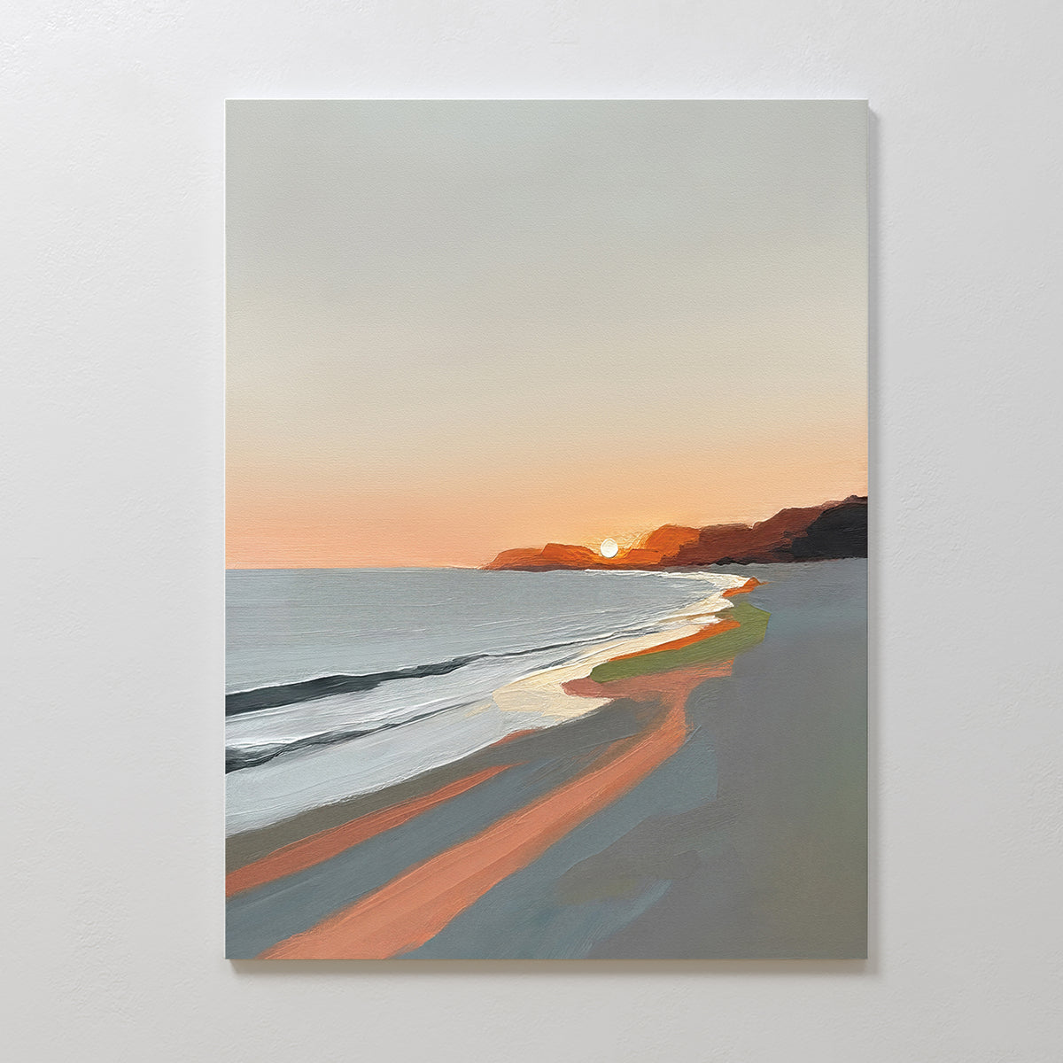 Coastal Reverie Canvas Art - Vertical depicts a sunset beach with calm waves, orange-pink sunlight on sand, and distant cliffs—ideal as a tranquil coastal canvas print for serene home decor.