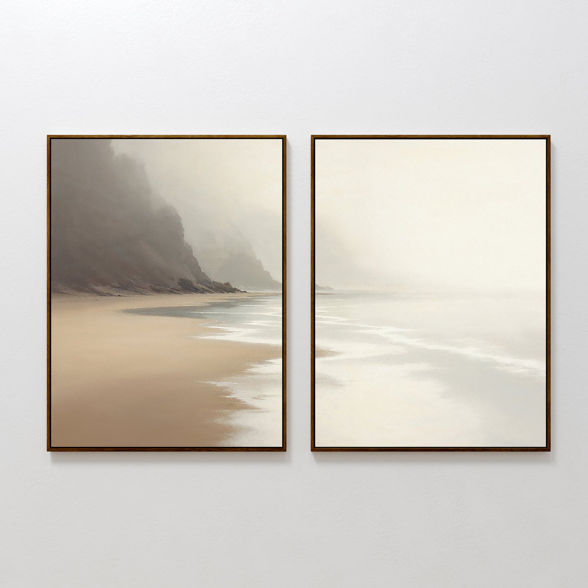 The "Coastal Silence - Set of 2" features framed canvas prints of a misty beach scene: one with cliffs and sand, the other with a tranquil shoreline fading into the distance, creating striking coastal wall art.