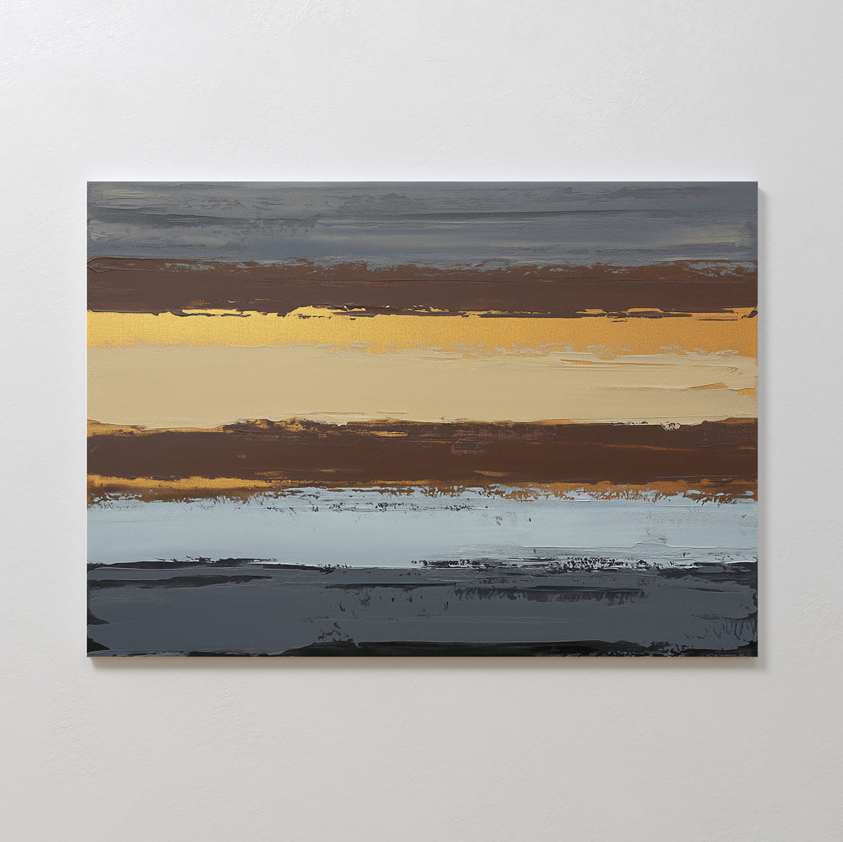 Coastal Strata Canvas Art - Horizontal showcases textured brushstrokes with horizontal bands of blue, gray, brown, gold, and yellow on a light background for an earthy, sophisticated contemporary look.