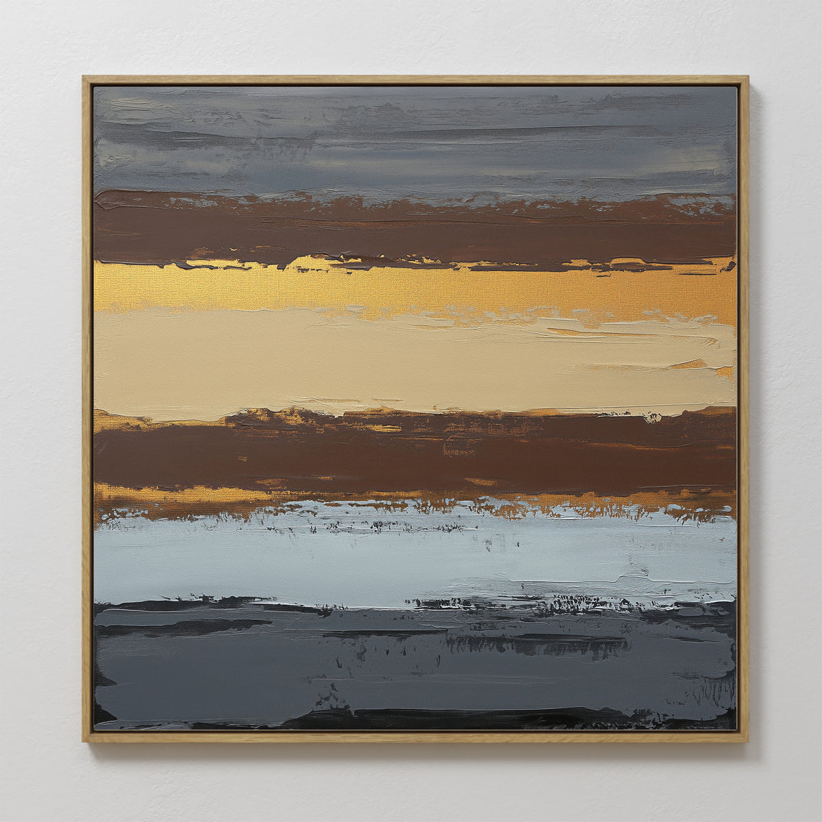 Coastal Strata Canvas Art - Square features abstract horizontal bands in gold, brown, beige, gray, and black for a layered look. This framed piece adds earthy sophistication and modern style to any white-walled space.