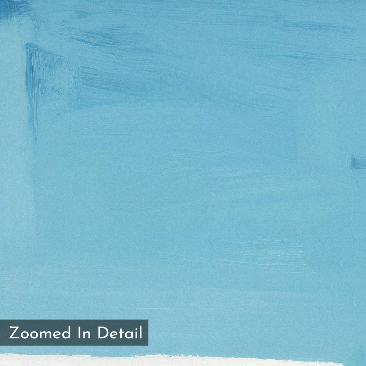 A close-up of the Cobalt Intersection Canvas Art - Square reveals visible brush strokes and a subtle painted blue texture, with "Zoomed In Detail" text in a gray box at the bottom left, evoking contemporary abstract style.