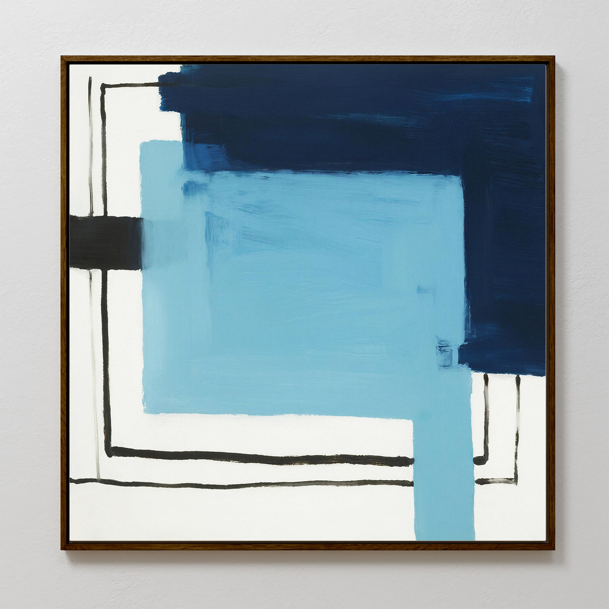Cobalt Intersection Canvas Art - Square features overlapping blue rectangles and black lines on a white background, with bold brushstrokes for a striking geometric look. Elegantly framed in a slim dark frame, it's the perfect contemporary abstract print.