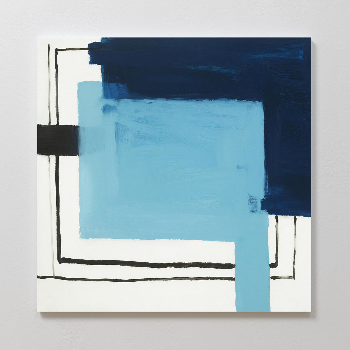 Cobalt Intersection Canvas Art - Square features an abstract design of overlapping rectangles in dark blue, light blue, and black on white, with bold brush strokes and lines for a striking, modern geometric look—perfect contemporary wall art.