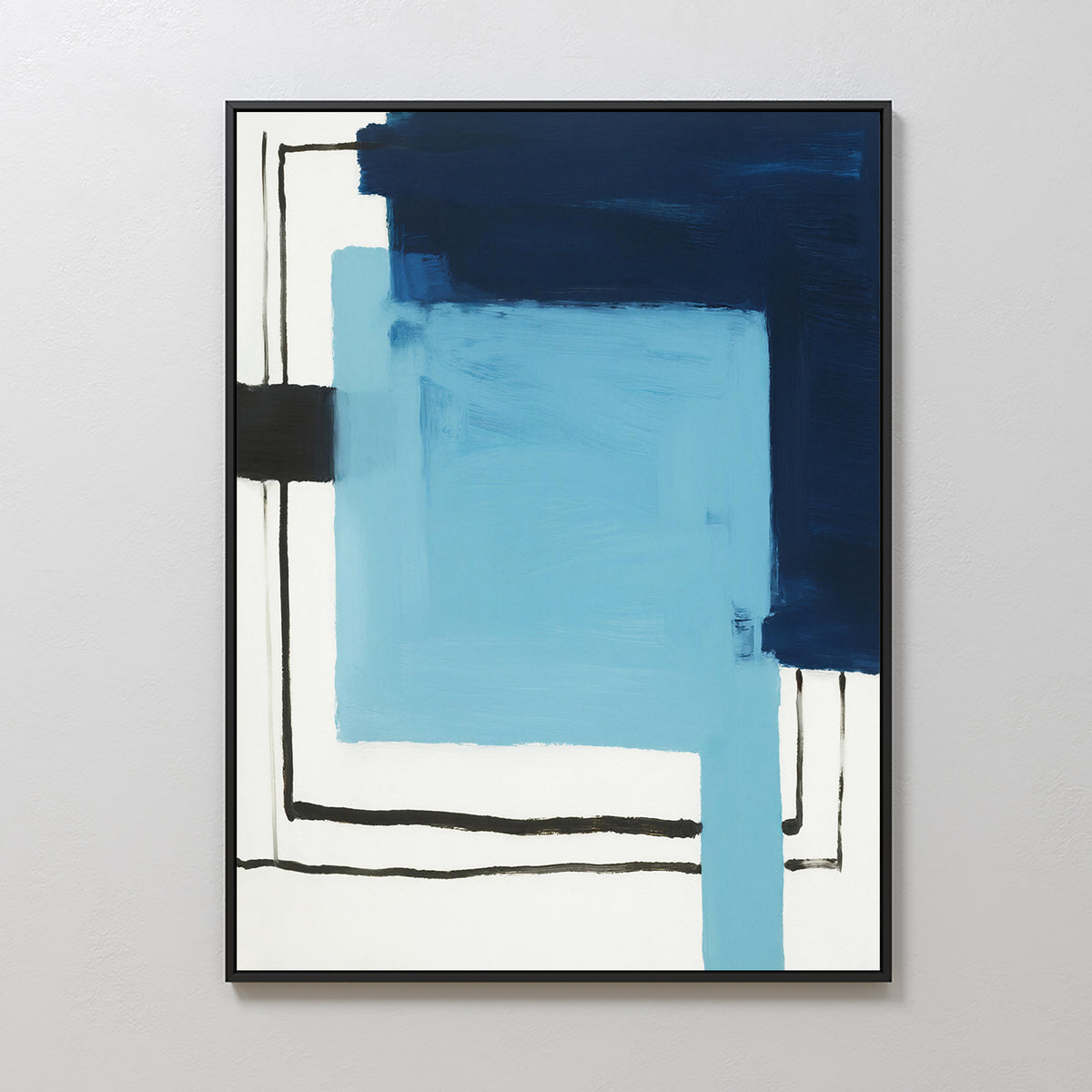 Cobalt Intersection Canvas Art - Vertical features overlapping rectangles in dark and light blue with black accents, bold brushstrokes, and intersecting lines on a white background—ideal geometric wall art for modern decor.
