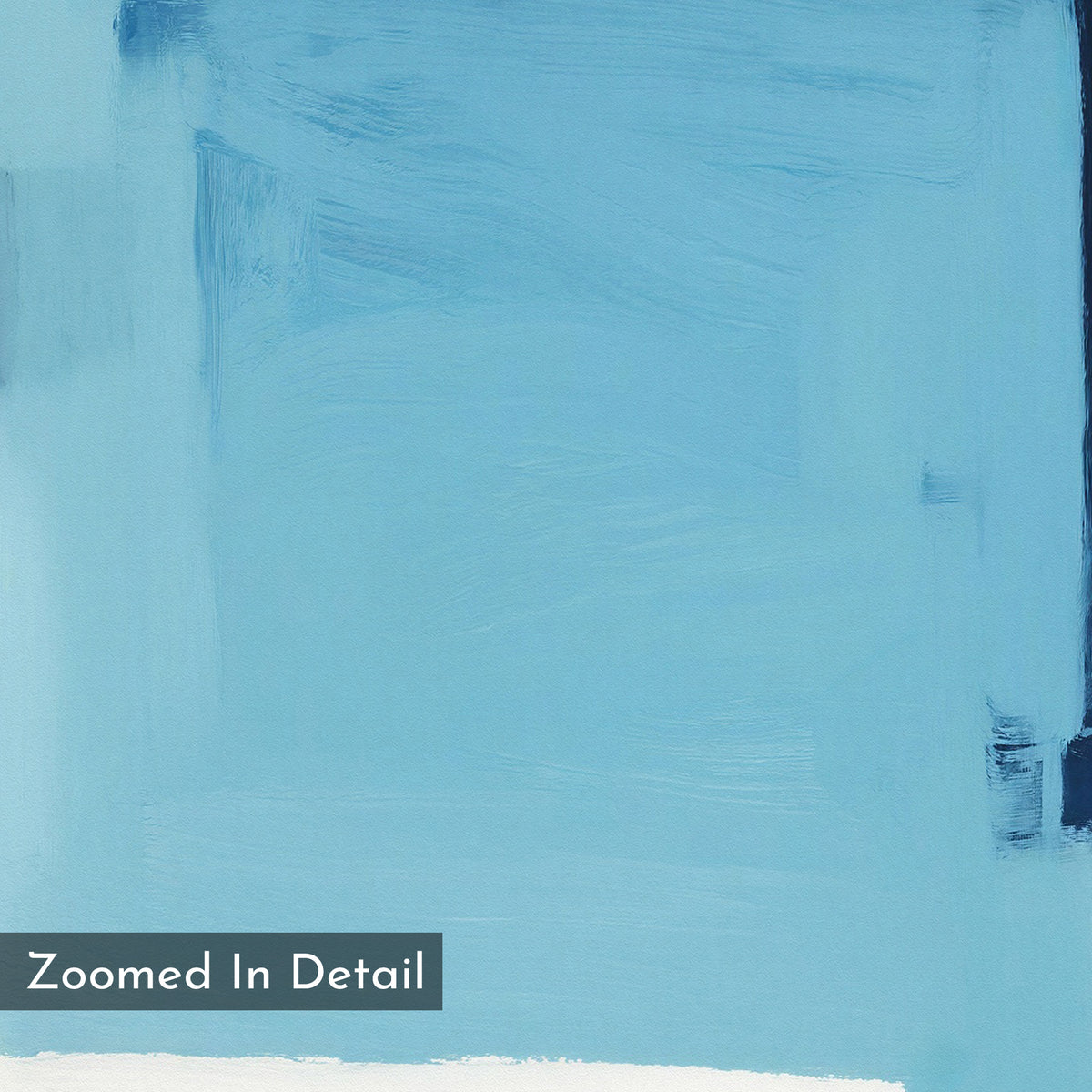 Abstract close-up of Cobalt Intersection Canvas Art - Vertical, featuring blue hues with bold brush strokes and texture. A dark blue patch appears on the right edge. Ideal as modern decor. “Zoomed In Detail” text is in the lower left corner.