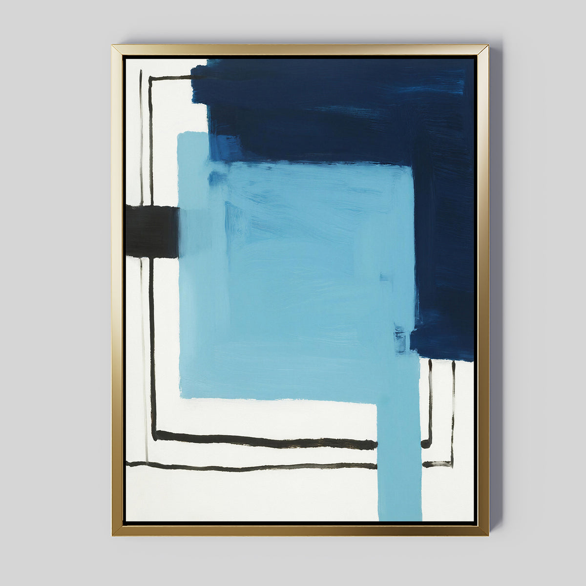 Cobalt Intersection Canvas Art - Vertical features bold black lines with overlapping dark and light blue blocks on a white background, framed in a thin gold frame—perfect geometric wall art for modern home decor.