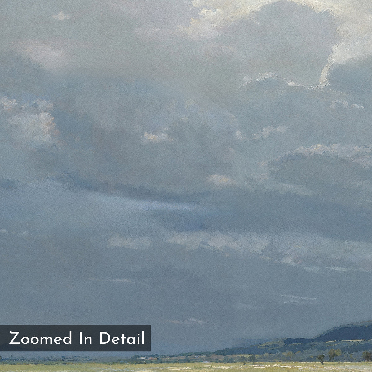 A close-up of a cloudy sky in soft blues and grays hovers above green landscape accents. "Cornflower Fields Canvas Art - Square" makes perfect countryside wall decor, with "Zoomed In Detail" noted in the corner.