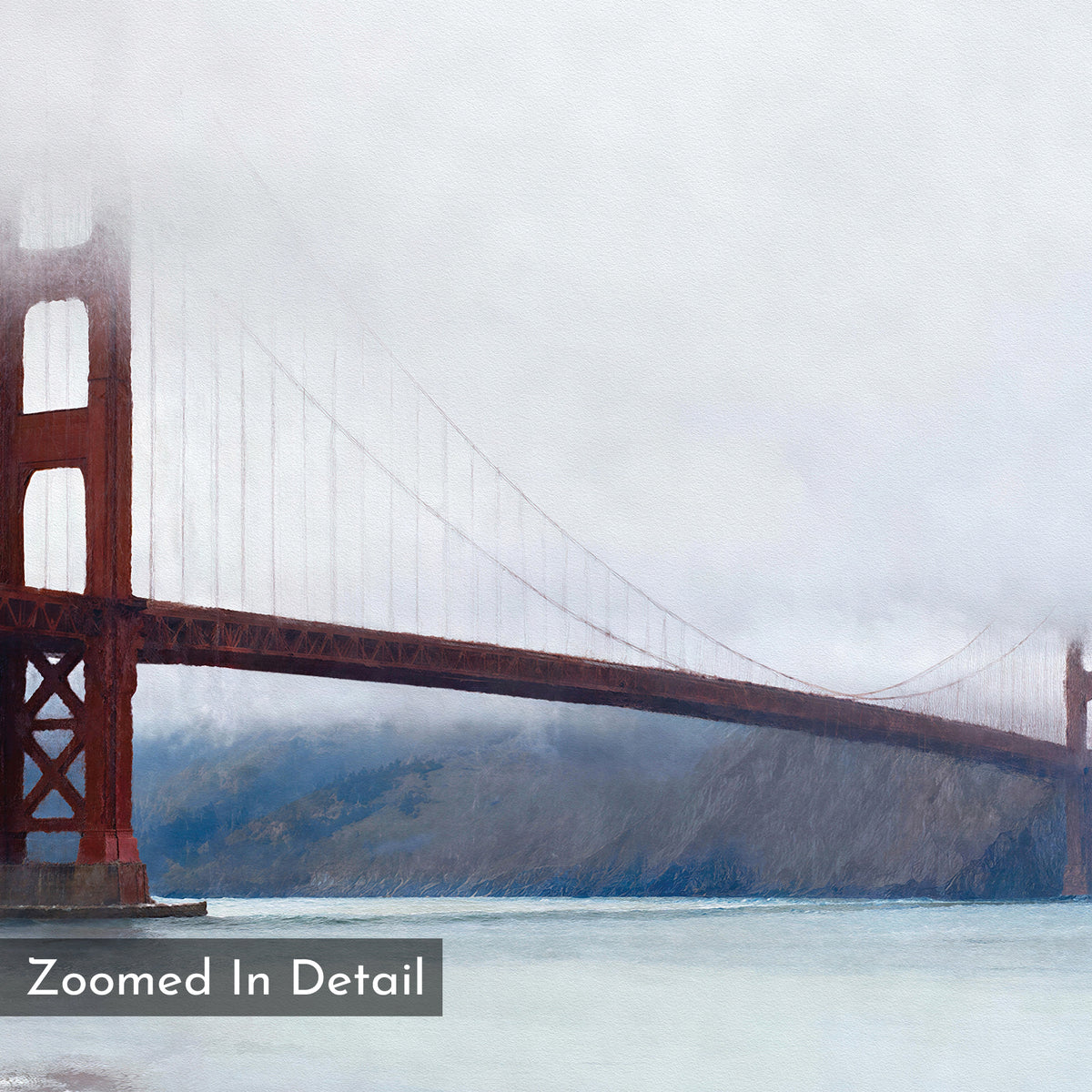 A zoomed-in view of the Golden Gate Bridge enveloped in fog embodies coastal elegance, with “Zoomed In Detail” in the lower left—perfect as a striking Crimson Passage Canvas Art - Horizontal print.