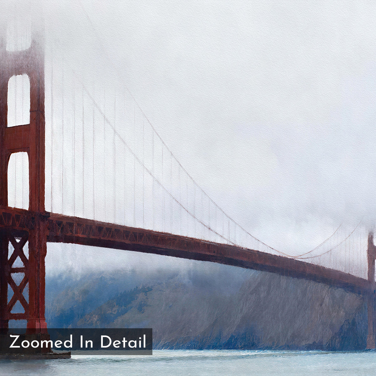 The Crimson Passage Canvas Art - Square captures the Golden Gate Bridge enveloped in mist, bringing pure coastal elegance to your space.