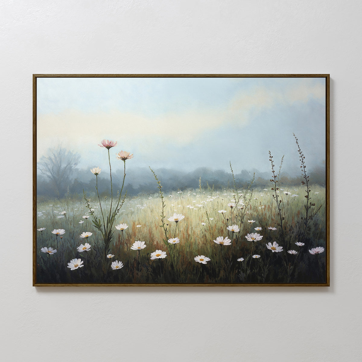 The Dawn Meadow Canvas Art - Horizontal features a serene meadow with white and pink wildflowers under a hazy sky, distant trees, and gentle sunlight—an ideal botanical wall art piece for tranquil spaces.