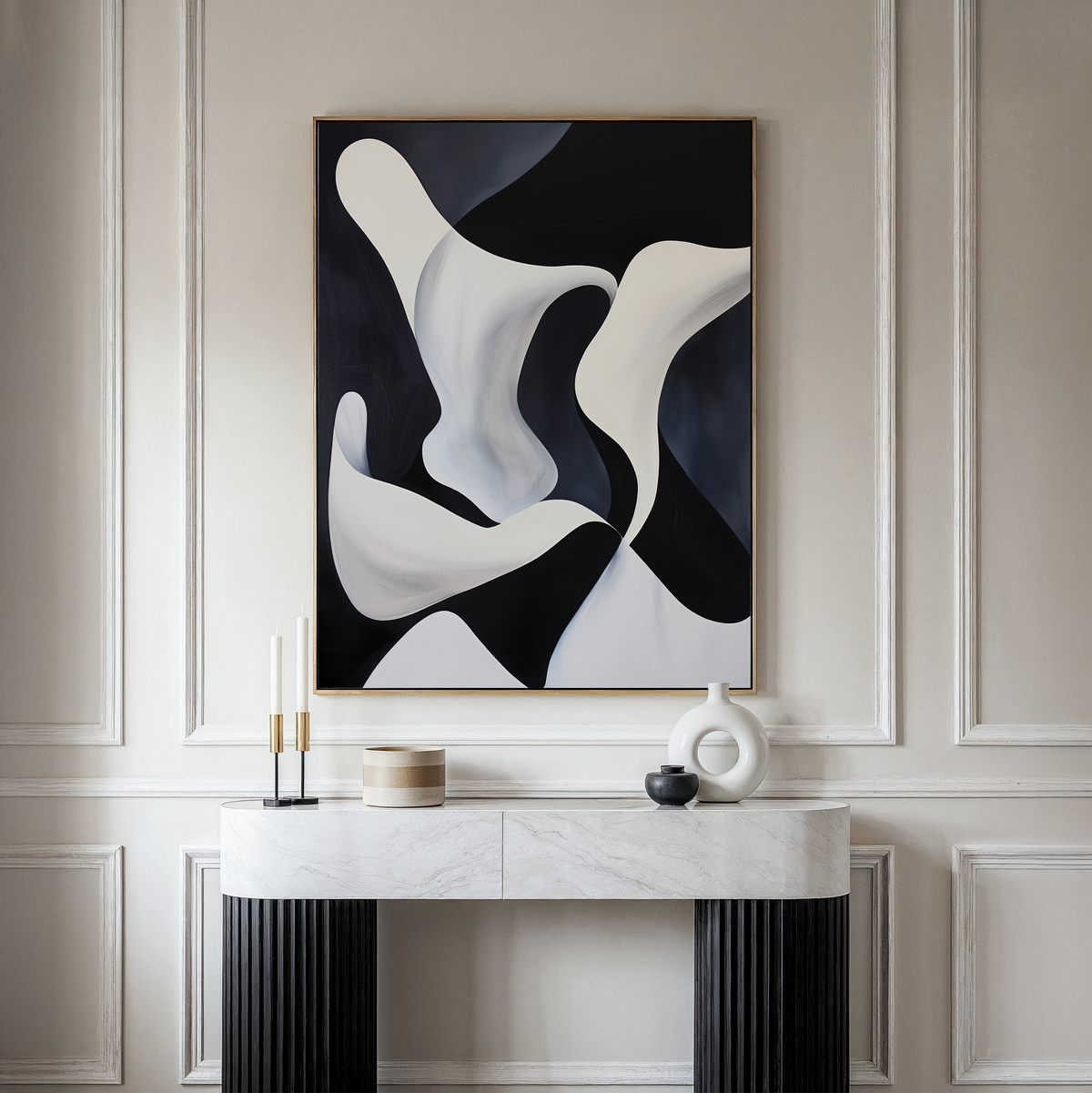 A modern console table with decorative objects sits below the Deep Blue Calm Abstract Canvas Art on a beige paneled wall, creating stylish and chic minimalist living room decor.
