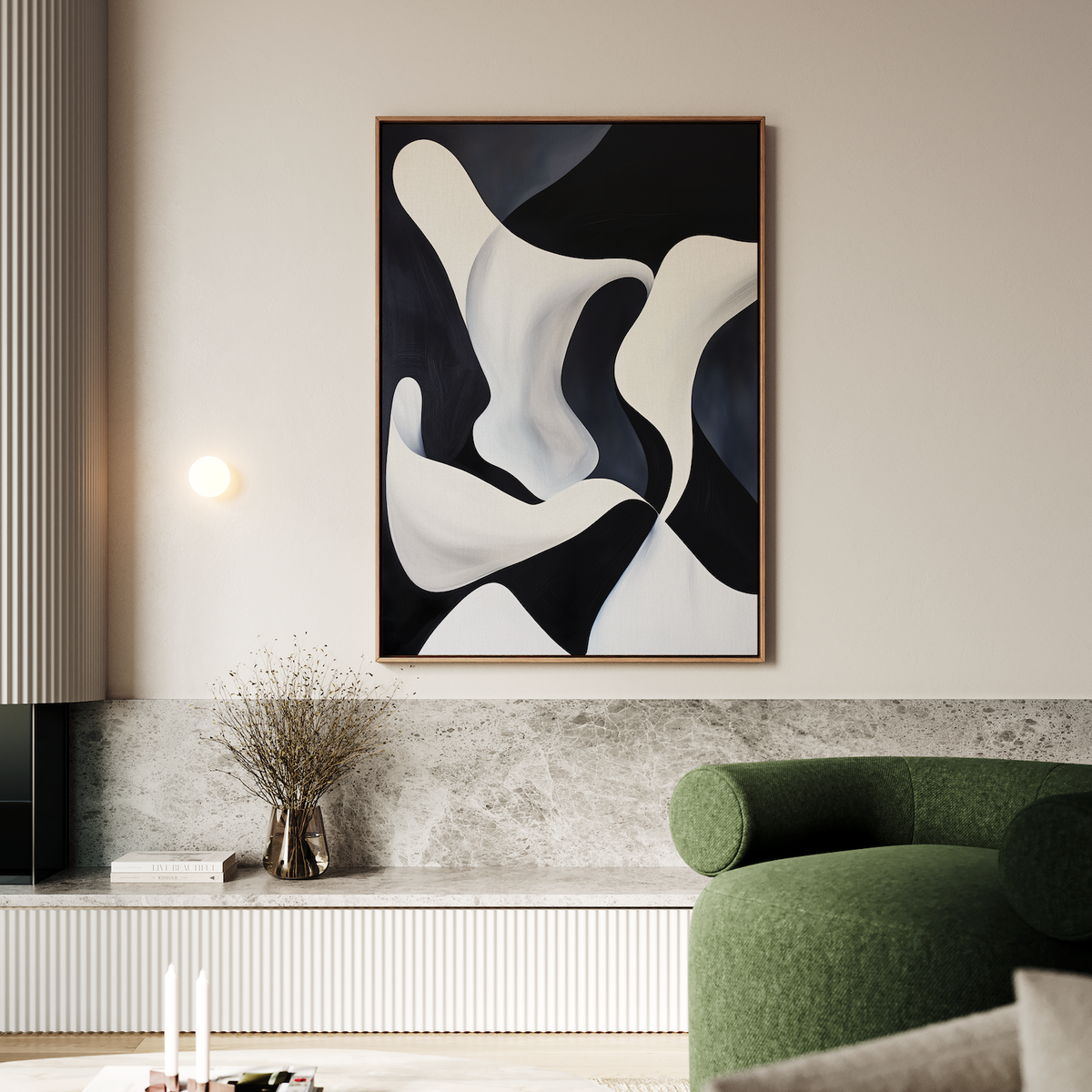 A modern living room features Deep Blue Calm Abstract Canvas Art—a minimalist piece—paired with a round green armchair, dried flowers on a marble shelf, and soft neutral decor for a serene, contemporary look.