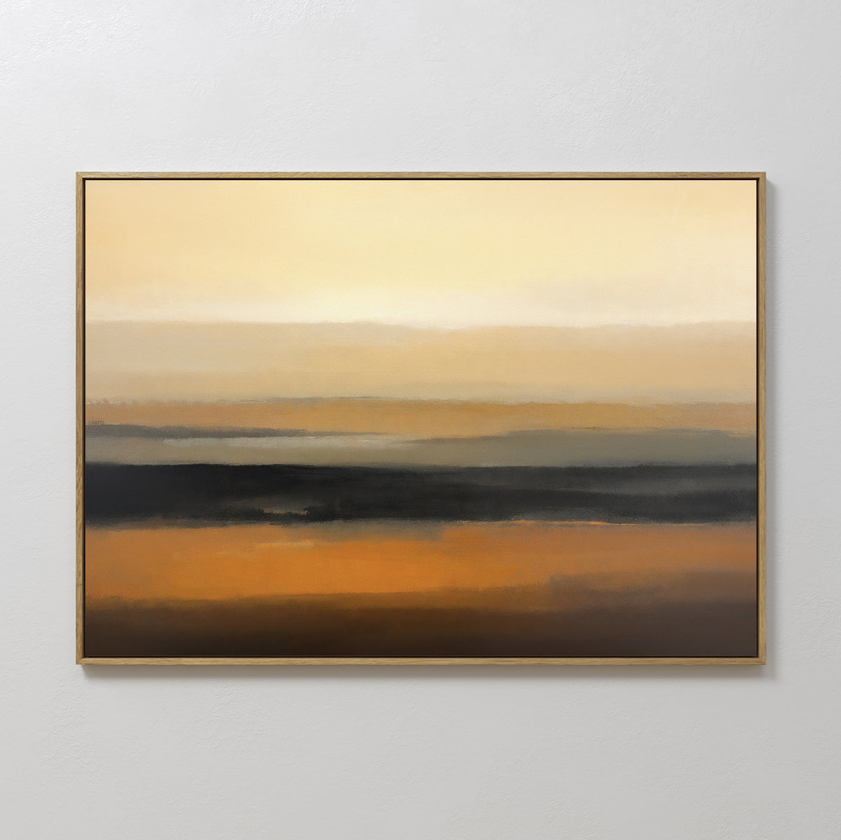 The Desert Mirage Canvas Art - Horizontal features abstract horizontal bands in warm earth tones of beige, tan, orange, brown, and black, evoking layered desert landscapes or a sunset. Presented in a simple gold frame on a white wall.