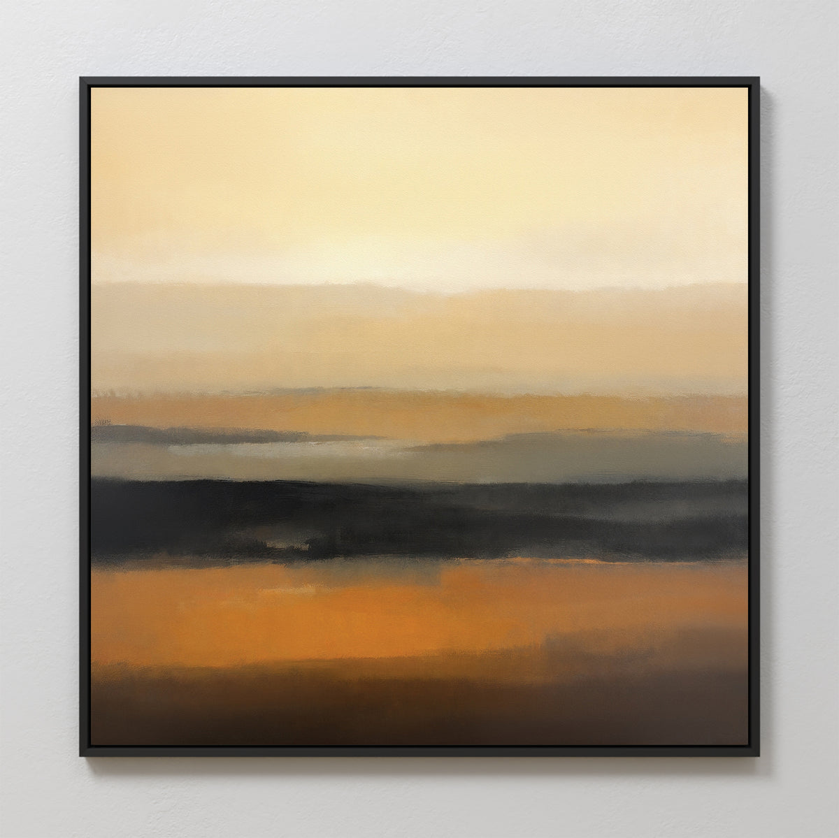 The Desert Mirage Canvas Art - Square features warm earth-tone bands in an abstract design, creating a soft, blurred landscape effect that brings Nordic Park vibes to any space when displayed on a white wall.