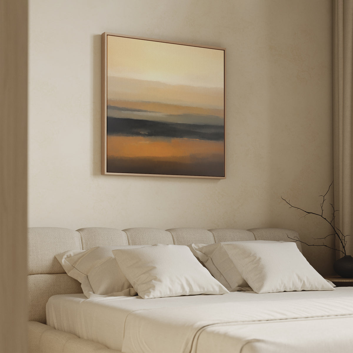 A modern bedroom features a beige upholstered bed with white bedding and neutral pillows. Above the bed hangs the Desert Mirage Canvas Art - Square in warm earth tones, creating a Nordic Park-inspired look in soft natural light.